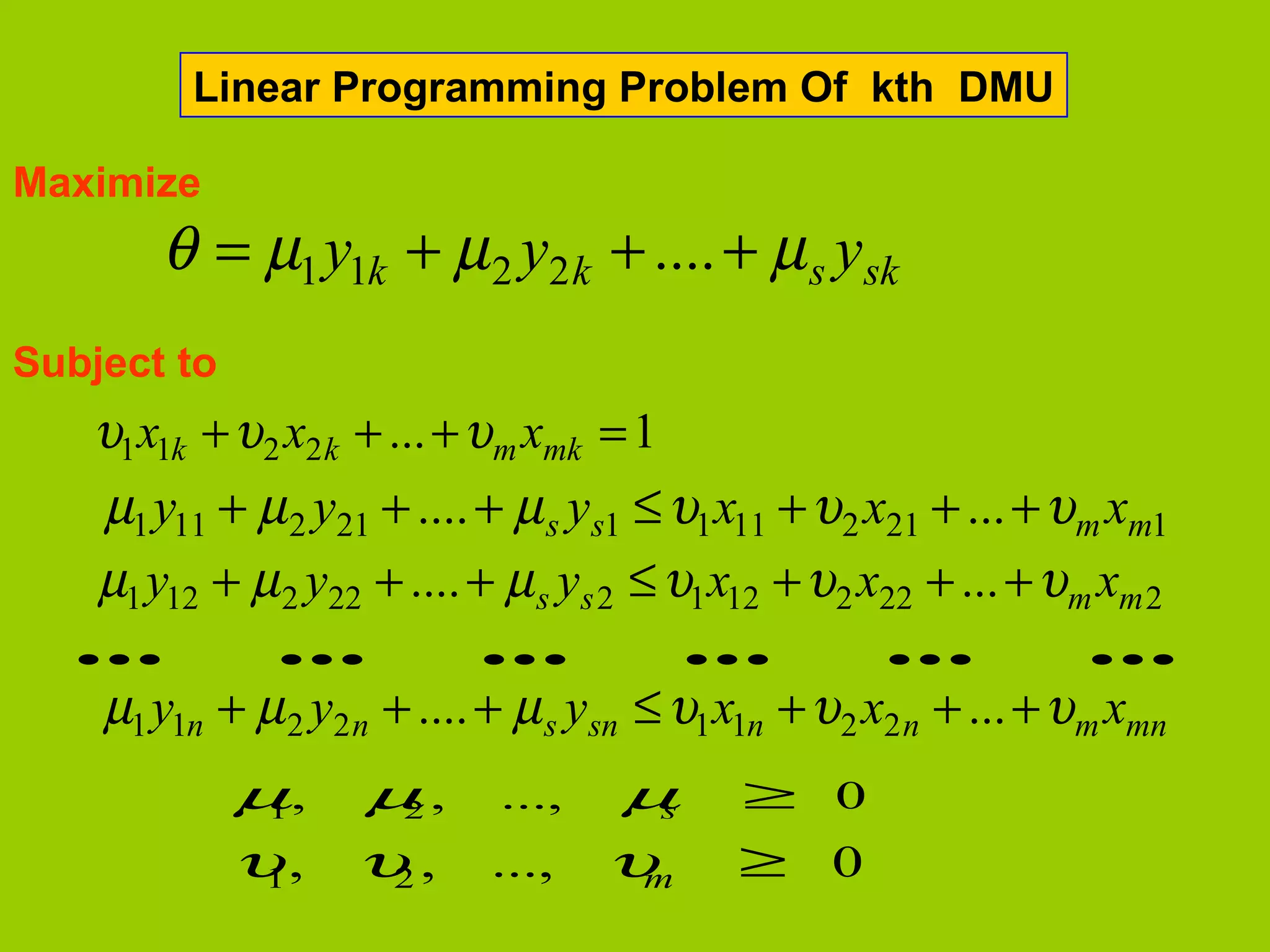 Linear Programming Problem Of kth DMU

Maximize
       θ = µ1 y1k + µ 2 y2 k + .... + µ s ysk
Subject to
   υ1 x1k + υ 2 x2 k + ... + υ m xmk = 1
   µ1 y11 + µ 2 y21 + .... + µ s ys1 ≤ υ1 x11 + υ2 x21 + ... + υm xm1
   µ1 y12 + µ2 y22 + .... + µ s ys 2 ≤ υ1 x12 + υ2 x22 + ... + υm xm 2
  ...          ...         ...            ...         ...         ...
    µ1 y1n + µ 2 y2 n + .... + µ s ysn ≤ υ1 x1n + υ2 x2 n + ... + υm xmn
             µ,
              1     µ,
                     2       ...,    µs     ≥ 0
             υ,
              1     υ,
                     2      ...,    υm      ≥     0
 
