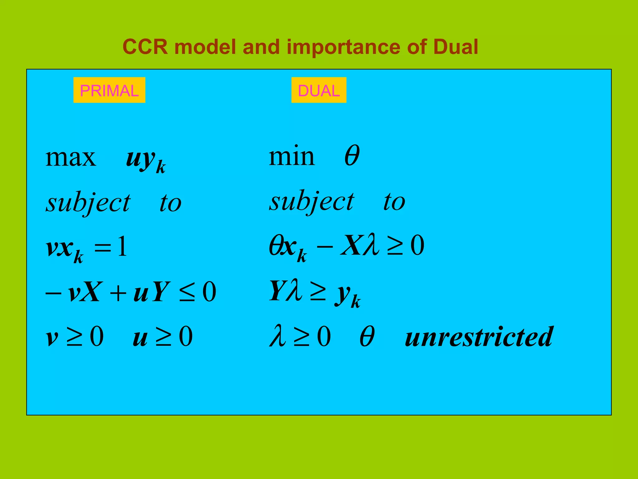 CCR model and importance of Dual
  PRIMAL             DUAL



max uyk            min θ
subject to         subject to
vxk = 1           θxk − Xλ ≥ 0
− vX + uY ≤ 0     Yλ ≥ yk
v≥0 u≥0           λ ≥ 0 θ unrestricted
 