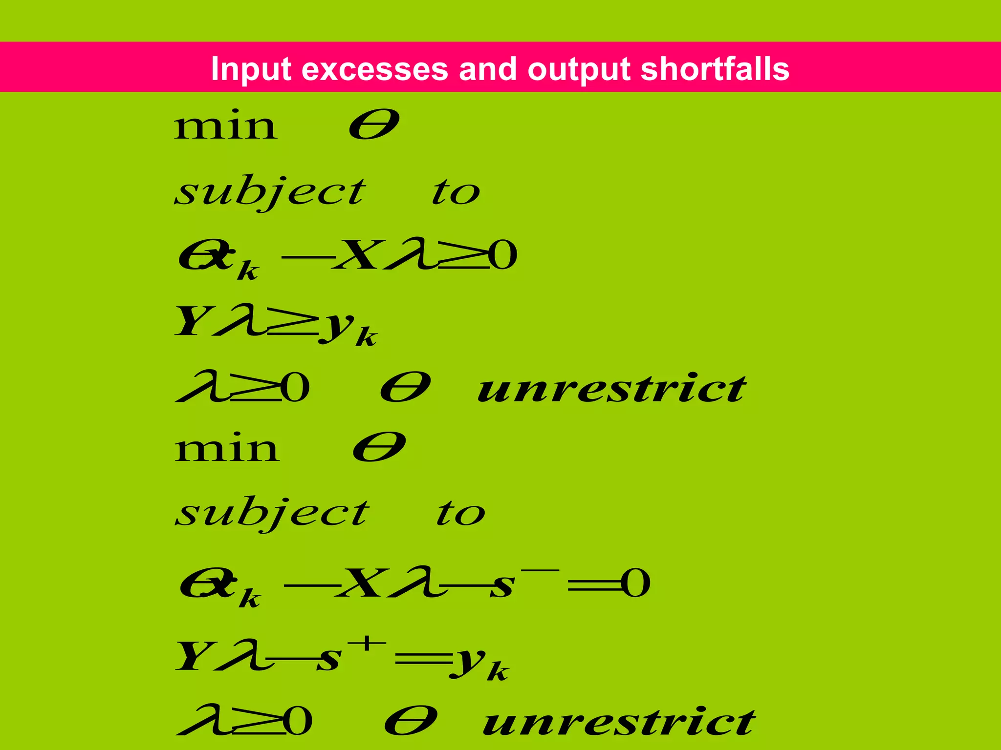Input excesses and output shortfalls
min θ
subject to
θ k −Xλ≥0
 x
Yλ≥ yk
λ≥0      θ       unrestrict
min      θ
subject       to
θ k −Xλ−s =0
 x                  −


Yλ−s + =yk
λ≥0 θ unrestrict
 