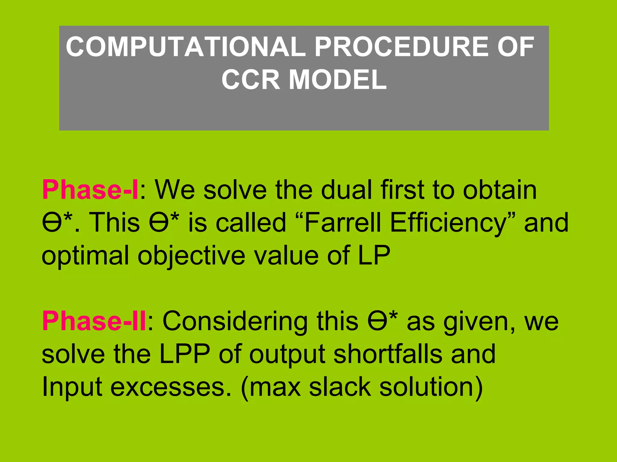 COMPUTATIONAL PROCEDURE OF
          CCR MODEL



Phase-I: We solve the dual first to obtain
Ө*. This Ө* is called “Farrell Efficiency” and
optimal objective value of LP

Phase-II: Considering this Ө* as given, we
solve the LPP of output shortfalls and
Input excesses. (max slack solution)
 