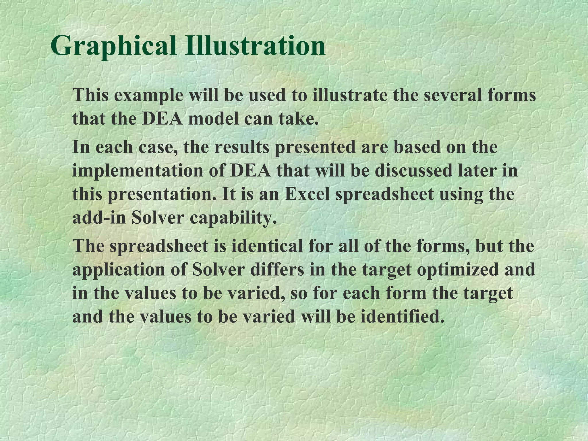 Graphical Illustration
This example will be used to illustrate the several forms
that the DEA model can take.
In each case, the results presented are based on the
implementation of DEA that will be discussed later in
this presentation. It is an Excel spreadsheet using the
add-in Solver capability.
The spreadsheet is identical for all of the forms, but the
application of Solver differs in the target optimized and
in the values to be varied, so for each form the target
and the values to be varied will be identified.
 