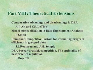 Part VIII: Theoretical Extensions
Comparative advantage and disadvantage in DEA
A.I. Alt and CS. LeTine
Model misspecification in Data Envelopment Analysis
P Smith
Dominant Competitive Factors for evaluating program
efficiency in grouped data
J.J.Rousseau and J.H. Semple
DEA-based yardstick competition. The optimality of
best practice regulation
P Bogetoft
 