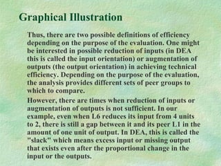 Graphical Illustration
Thus, there are two possible definitions of efficiency
depending on the purpose of the evaluation. One might
be interested in possible reduction of inputs (in DEA
this is called the input orientation) or augmentation of
outputs (the output orientation) in achieving technical
efficiency. Depending on the purpose of the evaluation,
the analysis provides different sets of peer groups to
which to compare.
However, there are times when reduction of inputs or
augmentation of outputs is not sufficient. In our
example, even when L6 reduces its input from 4 units
to 2, there is still a gap between it and its peer L1 in the
amount of one unit of output. In DEA, this is called the
"slack" which means excess input or missing output
that exists even after the proportional change in the
input or the outputs.
 