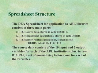 Spreadsheet Structure
The DEA Spreadsheet for application to ARL libraries
consists of three main parts:
(1) The source data, stored in cells B16:R117
(2) The spreadsheet calculations, stored in cells D5:R15
(3) The Solver related calculations, stored in cells
B1:B15, A7:A117, T12:T117
The source data consists of the 10 input and 5 output
variables for each of the ARL institutions plus, in row
B16:R16, a set of normalizing factors, one for each of
the variables.
 