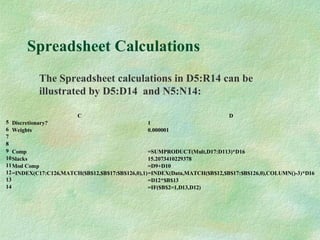 Spreadsheet Calculations
The Spreadsheet calculations in D5:R14 can be
illustrated by D5:D14 and N5:N14:
C D
5 Discretionary? 1
6 Weights 0.000001
7
8
9 Comp =SUMPRODUCT(Mult,D17:D113)*D16
10Slacks 15.2073410229378
11Mod Comp =D9+D10
12=INDEX(C17:C126,MATCH($B$12,$B$17:$B$126,0),1)=INDEX(Data,MATCH($B$12,$B$17:$B$126,0),COLUMN()-3)*D16
13 =D12*$B$13
14 =IF($B$2=1,D13,D12)
 