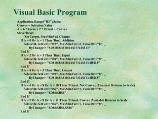 Visual Basic Program
Application.Range("B3").Select
Convex = Selection.Value
A = 6 * Form + 2 * Orient + Convex
SolverReset
'Set Target, MaxMinVal, Change
If A = 0 Or A = 1 Then 'Dual, Addition
SolverOk SetCell:="B7", MaxMinVal:=2, ValueOf:="0", _
ByChange:= "$D$10:$R$10,$A$17:$A$113"
End If
If A = 2 Or A = 3 Then 'Dual, Input
SolverOk SetCell:="B8", MaxMinVal:=2, ValueOf:="0", _
ByChange:= "$D$10:$R$10,$A$17:$A$113,$B$13"
End If
If A = 4 Or A = 5 Then 'Dual, Output
SolverOk SetCell:="B9", MaxMinVal:=2, ValueOf:="0", _
ByChange:= "$D$10:$R$10,$A$17:$A$113,$B$13"
End If
If A = 6 Or A = 8 Or A = 10 Then 'Primal, Not Convex (Constant Returns to Scale)
SolverOk SetCell:="B6", MaxMinVal:=1, ValueOf:="0", _
ByChange:= "$D$6:$R$6"
End If
If A = 7 Or A = 9 Or A = 11 Then 'Primal, Convex (Variable Returns to Scale
SolverOk SetCell:="B6", MaxMinVal:=1, ValueOf:="0", _
ByChange:= "$D$6:$R$6,$S$6"
End If
 