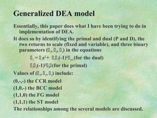 Generalized DEA model
Essentially, this paper does what I have been trying to do in
implementation of DEA.
It does so by identifying the primal and dual (P and D), the
two returns to scale (fixed and variable), and three binary
parameters (1, 2, 3) in the equations
1 = 1eT
+ 12(-1)3
n+1 (for the dual)
12(-1)3
0(for the primal)
Values of (1, 2, 3) include:
(0,-,-) the CCR model
(1,0,-) the BCC model
(1,1,0) the FG model
(1,1,1) the ST model
The relationships among the several models are discussed.
 