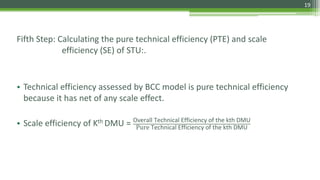 Fifth Step: Calculating the pure technical efficiency (PTE) and scale
efficiency (SE) of STU:.
• Technical efficiency assessed by BCC model is pure technical efficiency
because it has net of any scale effect.
• Scale efficiency of Kth DMU = Overall Technical Efficiency of the kth DMU
Pure Technical Efficiency of the kth DMU
19
 