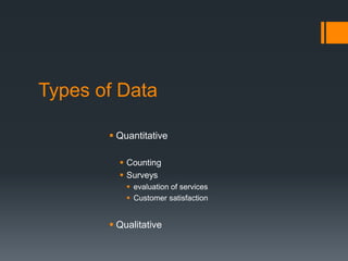 Types of Data
 Quantitative
 Counting
 Surveys
 evaluation of services
 Customer satisfaction
 Qualitative
 