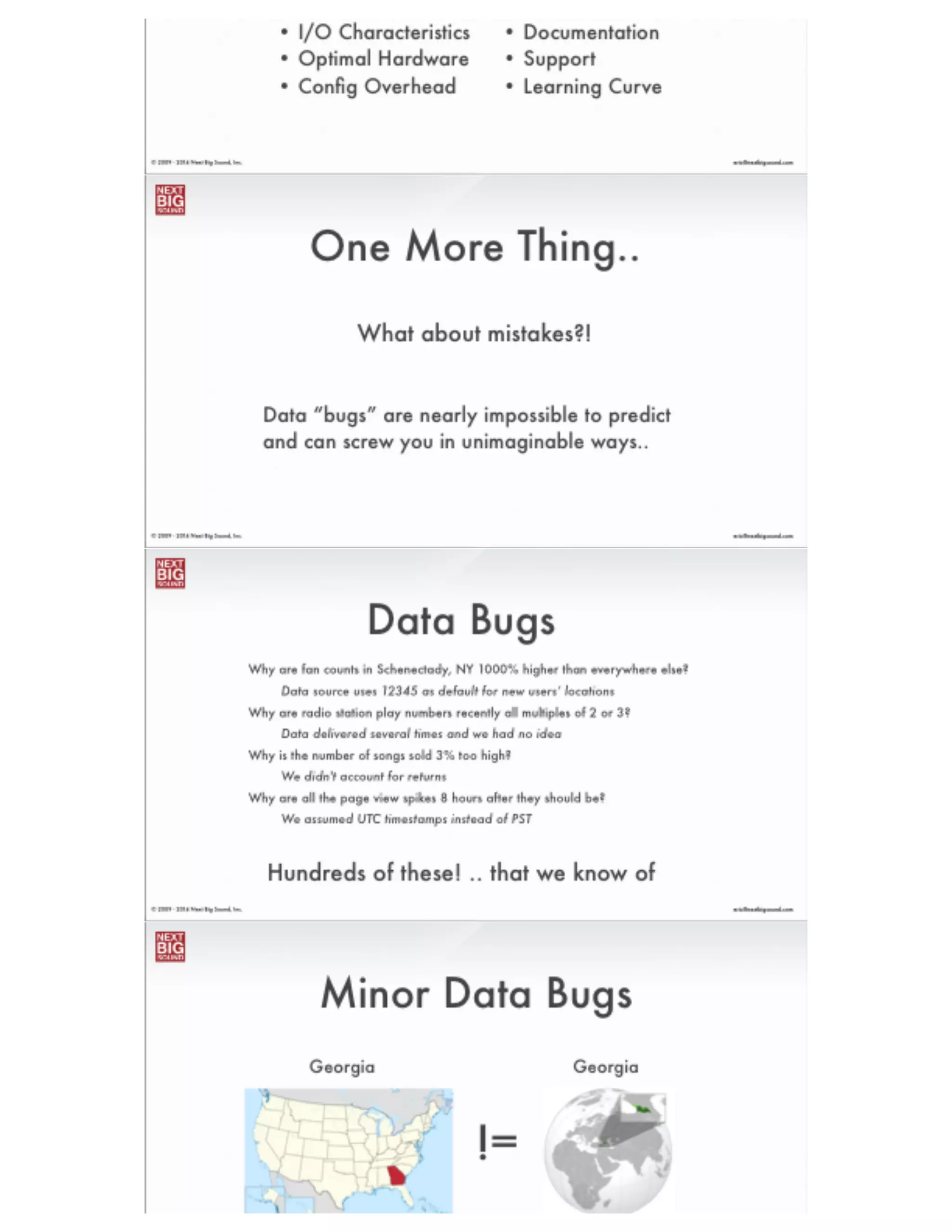 ®
eric@nextbigsound.com© 2009 - 2014 Next Big Sound, Inc.
Raw Fact Data (HDFS)
Aggregate Tables (HBase)
Cube/Rollup Operations (Pig)
(and many more...)
 