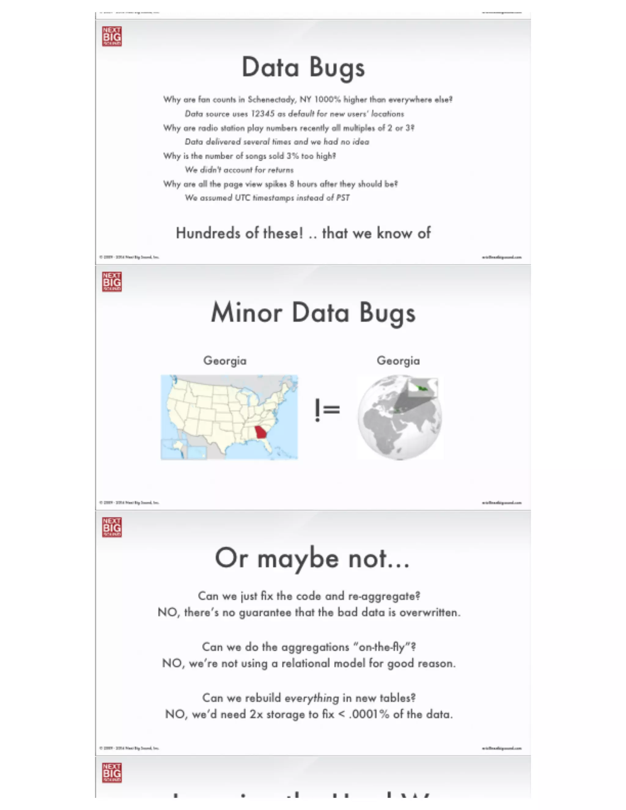 ®
eric@nextbigsound.com© 2009 - 2014 Next Big Sound, Inc.
Other Solutions
• OpenTSDB
• Summingbird (Twitter)
• DataFu Hourglass (Linkedin)
• Blueﬂood (Rackspace)
• Oozie Coordinators
• Apache Accumulo
Are there better ways to just count things?
Yes! Lots:
• Hadoop + Voldemort
• MongoDB Incremental MapReduce
• TempoDB & InﬂuxDB (hosted services)
• KairosDB (originally built on Cassandra)
• Amazon EMR/Redshift
• Cassandra/Redis/Riak/HBase Counters
 