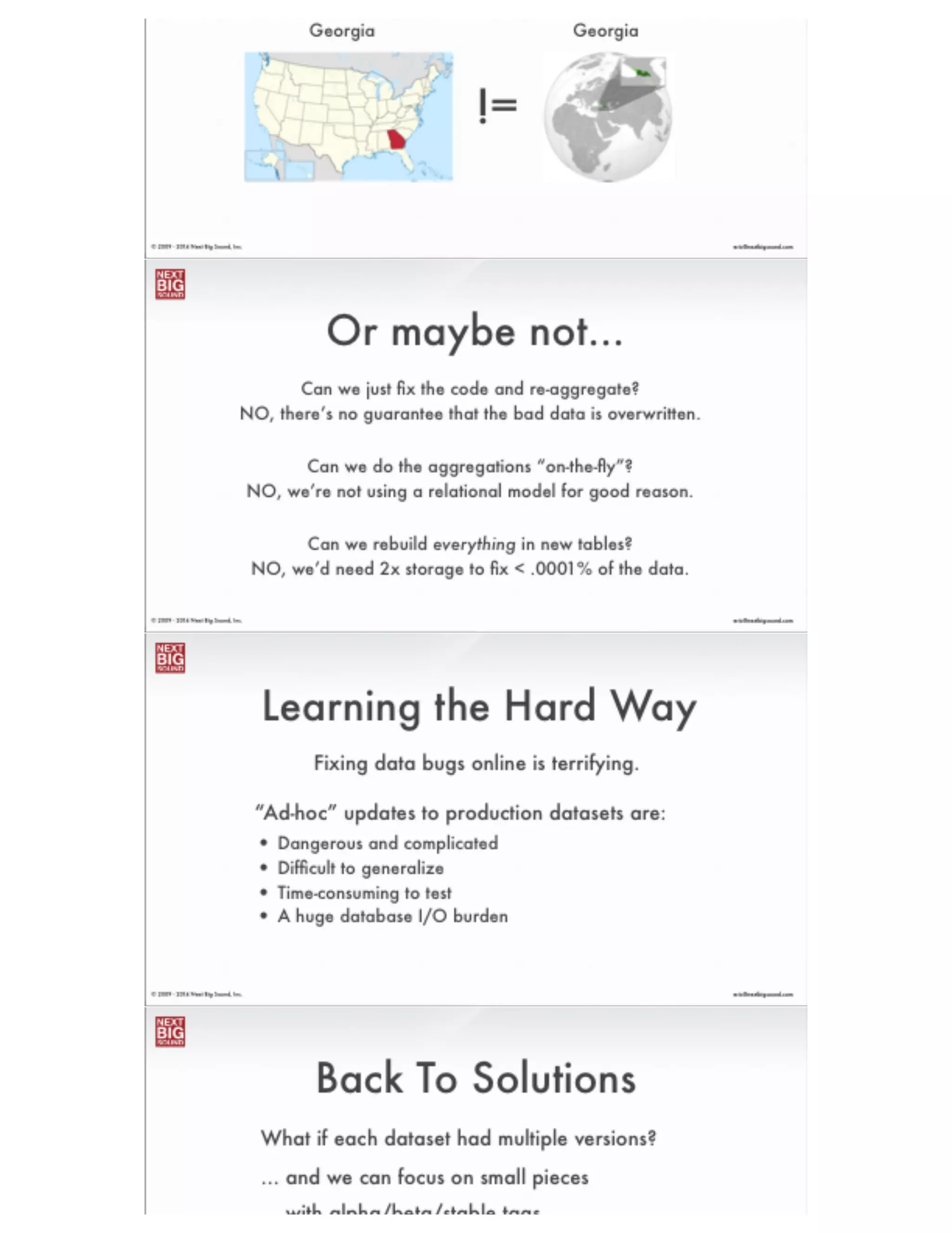 ®
eric@nextbigsound.com© 2009 - 2014 Next Big Sound, Inc.
Considerations
• Scalability
• Cost
• Performance
• Client Libraries
• I/O Characteristics
• Optimal Hardware
• Conﬁg Overhead
• Language
• Community
• Data Model
• Monitoring/Alerting
• Documentation
• Support
• Learning Curve
 