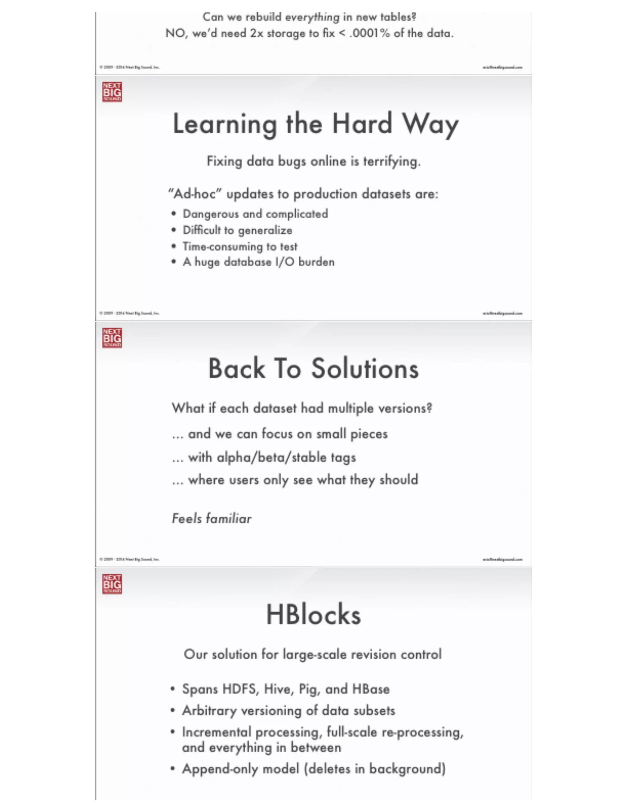 ®
eric@nextbigsound.com© 2009 - 2014 Next Big Sound, Inc.
One More Thing..
What about mistakes?!
Data “bugs” are nearly impossible to predict
and can screw you in unimaginable ways..
 