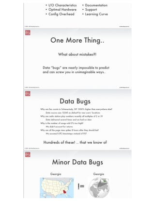 ®
eric@nextbigsound.com© 2009 - 2014 Next Big Sound, Inc.
Raw Fact Data (HDFS)
Aggregate Tables (HBase)
Cube/Rollup Operations (Pig)
(and many more...)
 
