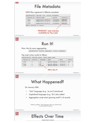 ®
eric@nextbigsound.com© 2009 - 2014 Next Big Sound, Inc.
HBlocks
• Spans HDFS, Hive, Pig, and HBase
• Arbitrary versioning of data subsets
• Incremental processing, full-scale re-processing,
and everything in between
• Append-only model (deletes in background)
Our solution for large-scale revision control
 