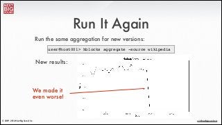 ®
eric@nextbigsound.com© 2009 - 2014 Next Big Sound, Inc.
Run It Again
Run the same aggregation for new versions:
user@host001> hblocks aggregate -source wikipedia
New results:
We made it
even worse!
 