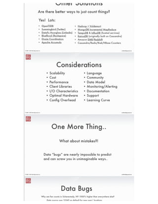 ®
eric@nextbigsound.com© 2009 - 2014 Next Big Sound, Inc.
Data Aggregation
Stores raw fact tables and copies of
dimension tables from MySQL
HDFS
Oozie/Pig
HBase
Runs incremental joins of fact and
dimension tables
Stores timeseries aggregations for
random access (NOT using counters)
 