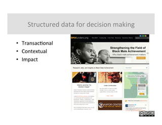  
Structured	
  data	
  for	
  decision	
  making	
  
•  TransacIonal	
  
•  Contextual	
  
•  Impact	
  
 