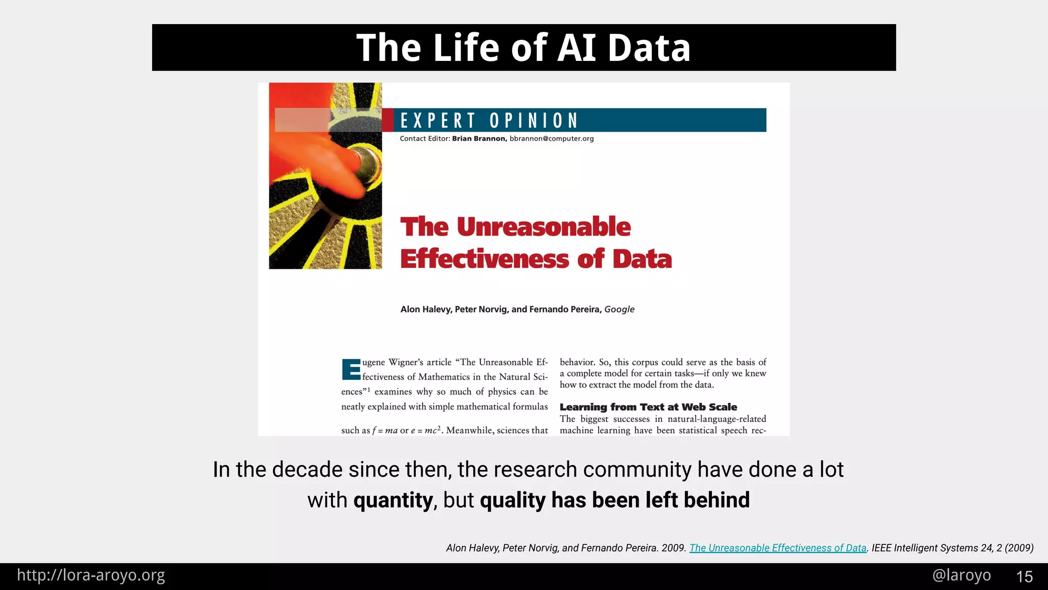 http://lora-aroyo.org @laroyo 15
The Life of AI Data
Alon Halevy, Peter Norvig, and Fernando Pereira. 2009. The Unreasonable Effectiveness of Data. IEEE Intelligent Systems 24, 2 (2009)
In the decade since then, the research community have done a lot
with quantity, but quality has been left behind
 