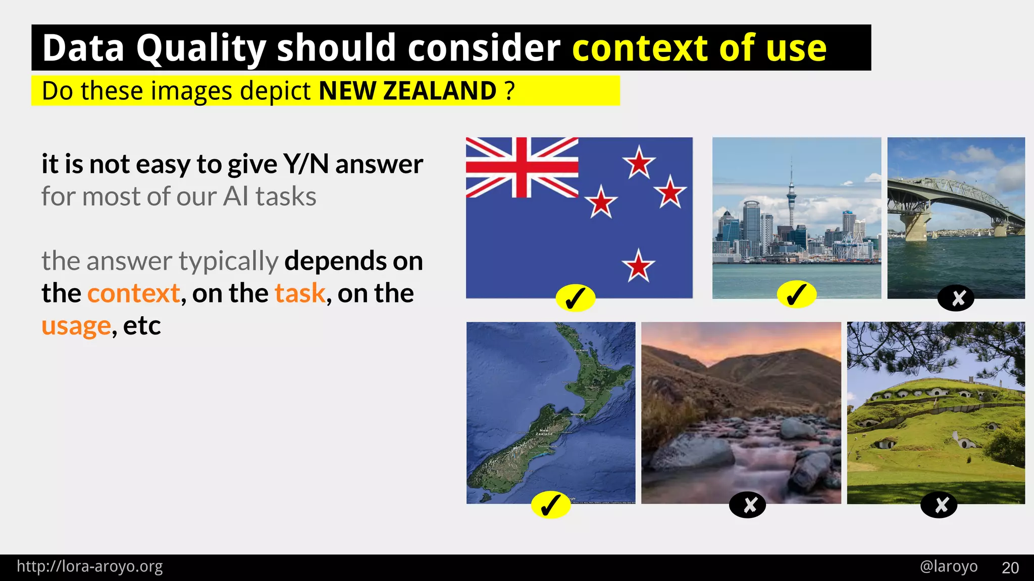 http://lora-aroyo.org @laroyo 20
Do these images depict NEW ZEALAND ?
Data Quality should consider context of use
it is not easy to give Y/N answer
for most of our AI tasks
the answer typically depends on
the context, on the task, on the
usage, etc
✓ ✘
✓ ✓ ✘
✘
 