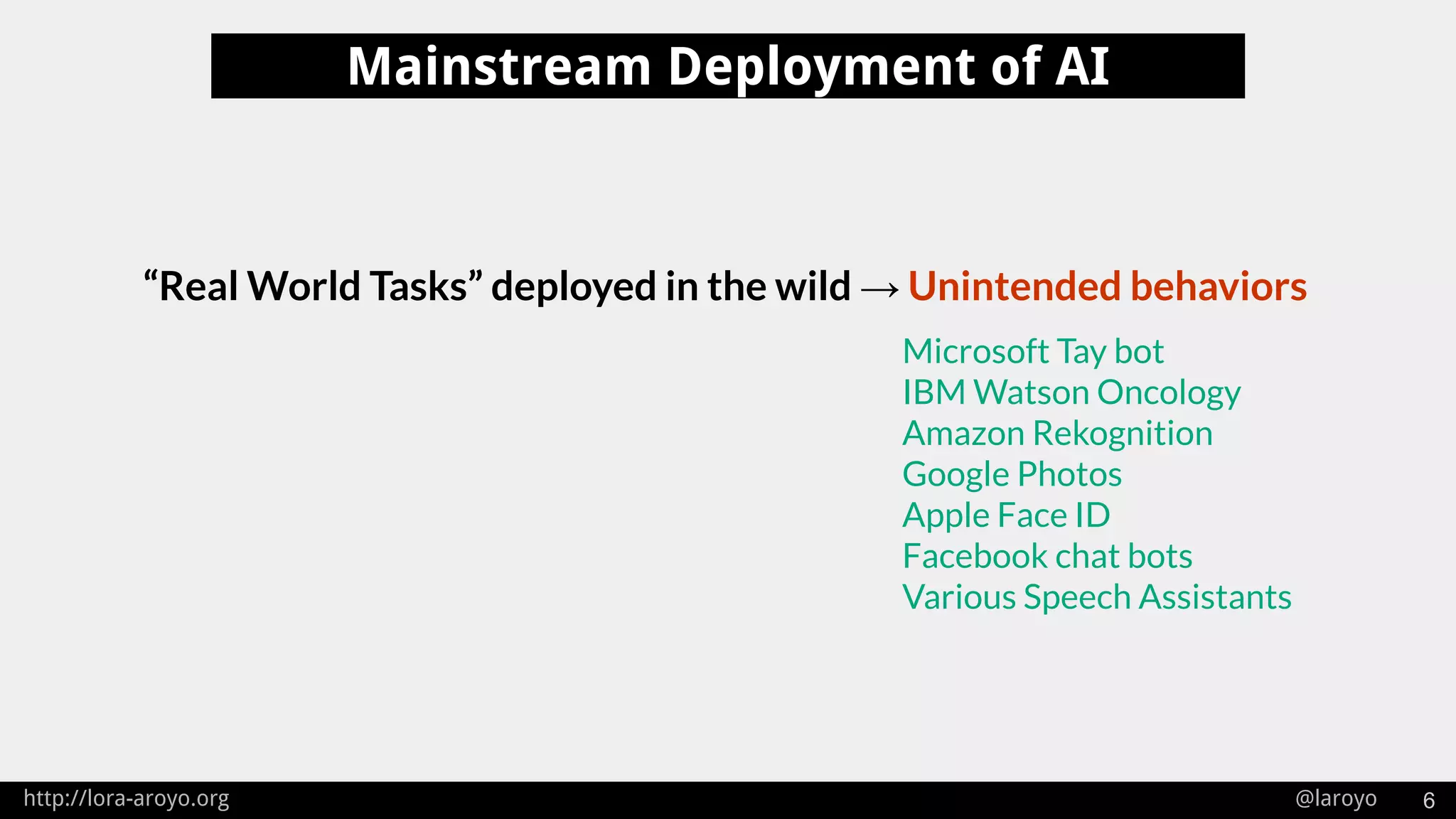 http://lora-aroyo.org @laroyo 6
Mainstream Deployment of AI
“Real World Tasks” deployed in the wild → Unintended behaviors
Microsoft Tay bot
IBM Watson Oncology
Amazon Rekognition
Google Photos
Apple Face ID
Facebook chat bots
Various Speech Assistants
 