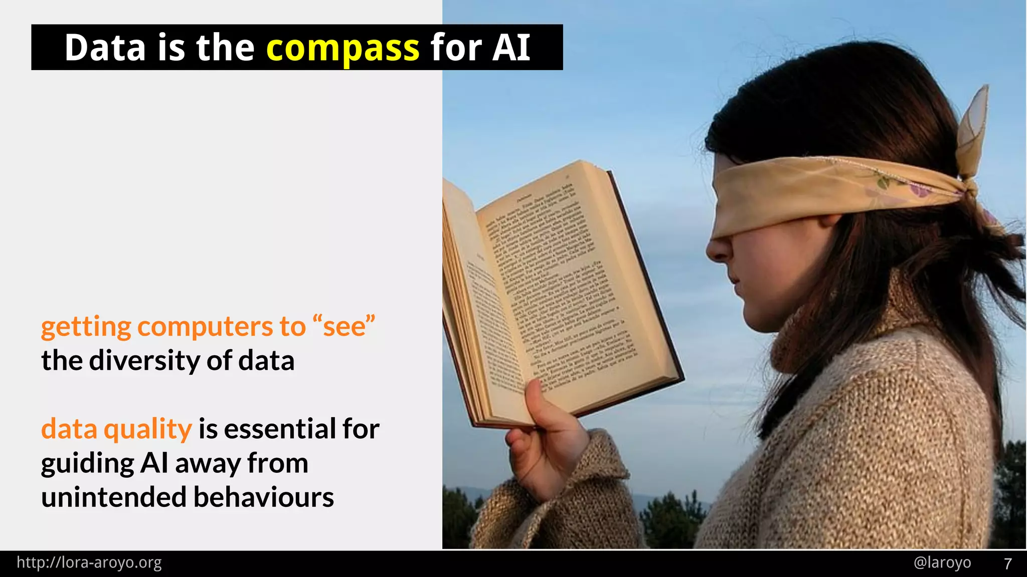 http://lora-aroyo.org @laroyo 7
getting computers to “see”
the diversity of data
data quality is essential for
guiding AI away from
unintended behaviours
Data is the compass for AI
 