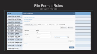 File Format Rules
SKU Level
050-OTH-ADANA 10
050-OTH-AEGEAN 0
050-OTH-AKKAR 5
050-OTH-ALARB 7
050-OTH-BYBLOS 12
050-OTH-DAMASCUS 0
050-OTH-IZMIR 5
050-OTH-KOURA 6
050-OTH-MARRAKECH 15
050-OTH-NABATIEH 7
050-OTH-SAMSUN 8
050-OTH-STAR 0
 