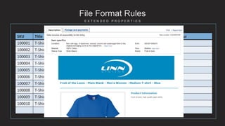 File Format Rules
SKU Title Weight Category Material Size Colour
100001 T-Shirt Blue, Size S 50 Mens Clothing 100% Cotton S Blue
100002 T-Shirt Blue, Size M 50 Mens Clothing 100% Cotton Medium Blue
100003 T-Shirt Blue, Size L 50 Mens Clothing 100% Cotton L Blue
100004 T-Shirt Blue, Size XL 50 Mens Clothing 100% Cotton XL Blue
100005 T-Shirt Blue, Size XXL 50 Mens Clothing 100% Cotton XXL Blue
100006 T-Shirt Red, Size S 50 Mens Clothing 100% Cotton S Red
100007 T-Shirt Red, Size M 50 Mens Clothing 100% Cotton M Red
100008 T-Shirt Red, Size L 50 Mens Clothing 100% Cotton L Red
100009 T-Shirt Red, Size XL 50 Mens Clothing 100% Cotton XL Red
100010 T-Shirt Red, Size XXL 50 Mens Clothing 100% Cotton XXL Red
 