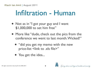 Iftach Ian Amit | August 2011



                            Inﬁltration - Human
                   • Not as in “I got your guy and I want
                           $1,000,000 to set him free”
                   • More like “dude, check out the pics from the
                           conference we went to last month. Wicked!”
                          • “did you get my memo with the new
                                  price-list <link to .xls ﬁle>”
                          • You get the idea...
All rights reserved to Security Art ltd. 2002-2011   8
 