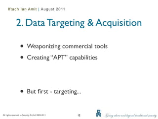 Iftach Ian Amit | August 2011



               2. Data Targeting & Acquisition

                   • Weaponizing commercial tools
                   • Creating “APT” capabilities


                   • But ﬁrst - targeting...
All rights reserved to Security Art ltd. 2002-2011   12
 