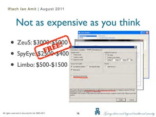 Iftach Ian Amit | August 2011



               Not as expensive as you think
        • ZeuS: $3000-$5000
                        E!
                      RE
        • SpyEye: $2500-$4000
                    F

        • Limbo: $500-$1500



All rights reserved to Security Art ltd. 2002-2011   16
 