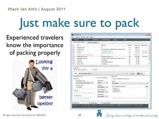 Iftach Ian Amit | August 2011



                   Just make sure to pack
   Experienced travelers
   know the importance
    of packing properly




All rights reserved to Security Art ltd. 2002-2011   17
 