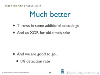 Iftach Ian Amit | August 2011



                                                     Much better
                   • Throws in some additional encodings
                   • And an XOR for old time’s sake


                   • And we are good to go...
                    • 0% detection rate
All rights reserved to Security Art ltd. 2002-2011        27
 