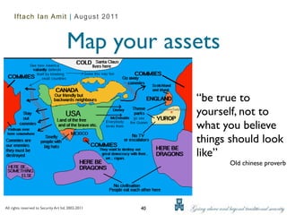 Iftach Ian Amit | August 2011



                                       Map your assets

                                                          “be true to
                                                          yourself, not to
                                                          what you believe
                                                          things should look
                                                          like”
                                                                Old chinese proverb




All rights reserved to Security Art ltd. 2002-2011   40
 