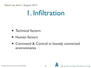 Iftach Ian Amit | August 2011



                                                     1. Inﬁltration

                   • Technical factors
                   • Human factors
                   • Command & Control in loosely connected
                           environments



All rights reserved to Security Art ltd. 2002-2011         4
 
