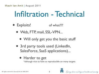 Iftach Ian Amit | August 2011



                       Inﬁltration - Technical
                   • Exploits!          of what???

                    • Web, FTP, mail, SSL-VPN...
                      • Will only get you the basic stuff
                    • 3rd party tools used (LinkedIn,
                                  SalesForce, SaaS applications)...
                                • Harder to get
                                        *although nice to have as reproducible on many targets



All rights reserved to Security Art ltd. 2002-2011                5
 