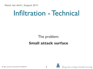 Iftach Ian Amit | August 2011



                       Inﬁltration - Technical

                                                         The problem:
                                                     Small attack surface




All rights reserved to Security Art ltd. 2002-2011           6
 