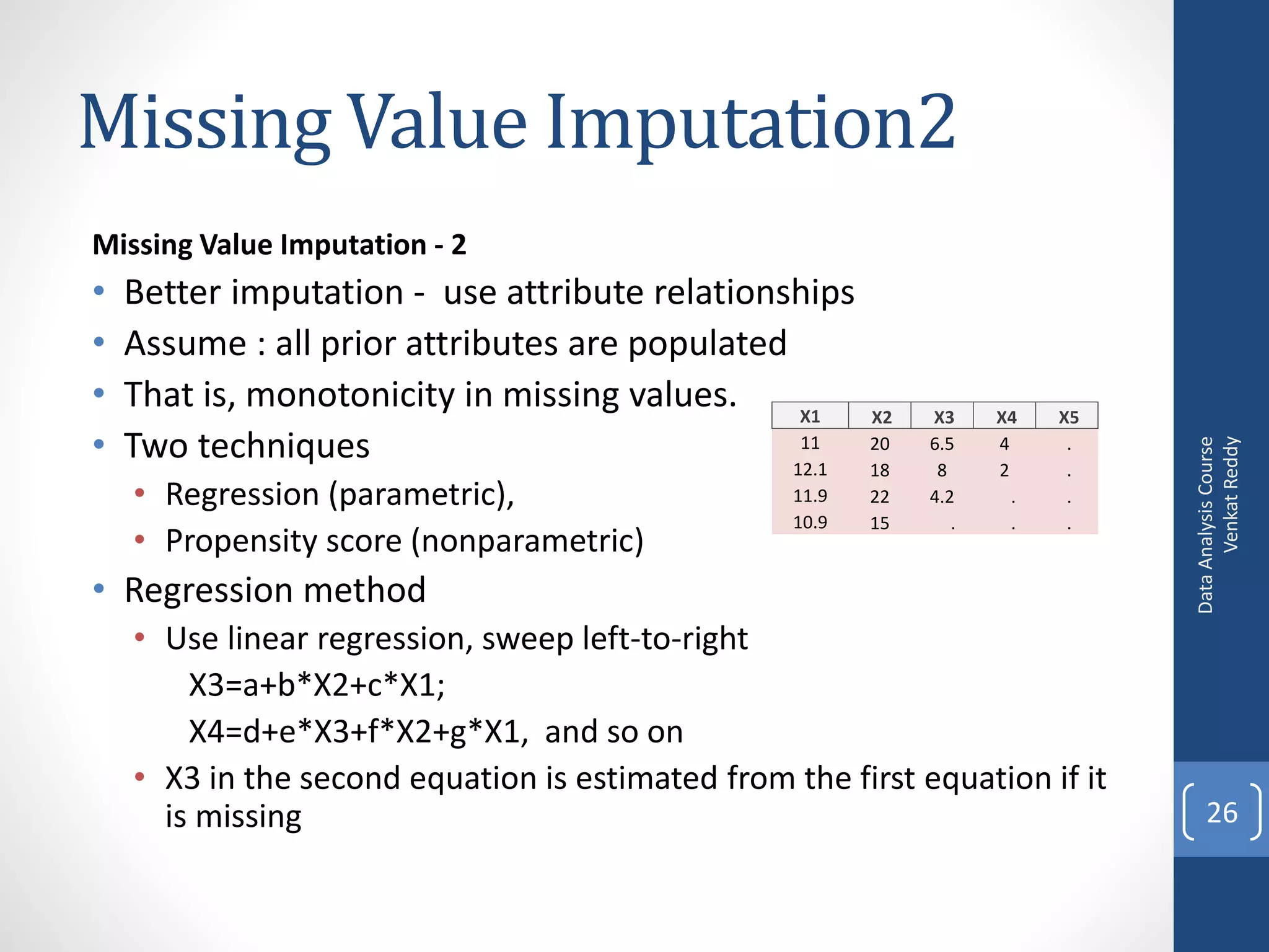 Missing Value Imputation2
Missing Value Imputation - 2
•   Better imputation - use attribute relationships
•   Assume : all prior attributes are populated
•   That is, monotonicity in missing values.     X1       X2   X3     X4    X5
•   Two techniques                               11       20   6.5    4      .




                                                                                       Venkat Reddy
                                                                                 Data Analysis Course
                                                12.1      18    8     2      .
    • Regression (parametric),                     11.9   22   4.2      .    .
                                                   10.9   15      .     .    .
    • Propensity score (nonparametric)
• Regression method
    • Use linear regression, sweep left-to-right
        X3=a+b*X2+c*X1;
        X4=d+e*X3+f*X2+g*X1, and so on
    • X3 in the second equation is estimated from the first equation if it
      is missing                                                                     26
 