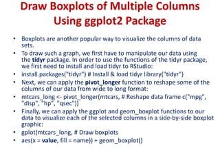 Draw Boxplots of Multiple Columns
Using ggplot2 Package
• Boxplots are another popular way to visualize the columns of dat...