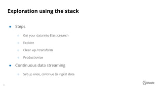 3
Exploration using the stack
● Steps
○ Get your data into Elasticsearch
○ Explore
○ Clean up / transform
○ Productionize
● Continuous data streaming
○ Set up once, continue to ingest data
 