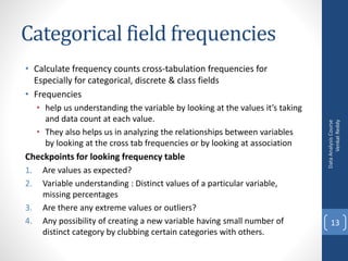 Categorical field frequencies
• Calculate frequency counts cross-tabulation frequencies for
Especially for categorical, discrete & class fields
• Frequencies
• help us understanding the variable by looking at the values it’s taking
and data count at each value.
• They also helps us in analyzing the relationships between variables
by looking at the cross tab frequencies or by looking at association
Checkpoints for looking frequency table
1. Are values as expected?
2. Variable understanding : Distinct values of a particular variable,
missing percentages
3. Are there any extreme values or outliers?
4. Any possibility of creating a new variable having small number of
distinct category by clubbing certain categories with others.
DataAnalysisCourse
VenkatReddy
13
 