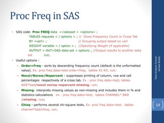 Proc Freq in SAS
• SAS code: Proc FREQ data =<dataset > <options> ;
TABLES requests < / options > ; // Gives Frequency Count or Cross Tab
BY <varl> ; // Grouping output based on varl
WEIGHT variable < / option > ; //Specifying Weight (if applicable)
OUTPUT < OUT=SAS-data-set > options ; //Output results to another data
set run;
• Useful options :
• Order=Freq - sorts by descending frequency count (default is the unformatted
value). Ex: proc freq data=test order=freq; tables X1-X5; run;
• Nocol/Norow/Nopercent - suppresses printing of column, row and cell
percentages respectively of a cross tab. Ex : proc freq data=test; tables
AGE*bad/nocol norow nopercent missing; run;
• Missing- interprets missing values as non-missing and includes them in % and
statistics calculations ex : proc freq data=test; tables CHANNEL* BAD
/missing; run;
• Chisq - performs several chi-square tests. Ex: proc freq data=test; tables
channel*bad/chisq; run;
DataAnalysisCourse
VenkatReddy
14
 