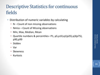Descriptive Statistics for continuous
fields
• Distribution of numeric variables by calculating
• N – Count of non missing observations
• Nmiss – Count of Missing observations
• Min, Max, Median, Mean
• Quartile numbers & percentiles– P1, p5,p10,q1(p25),q3(p75),
p90,p99
• Stddev
• Var
• Skewness
• Kurtosis
DataAnalysisCourse
VenkatReddy
16
 