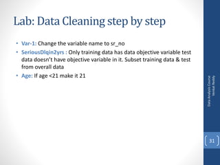 Lab: Data Cleaning step by step
• Var-1: Change the variable name to sr_no
• SeriousDlqin2yrs : Only training data has data objective variable test
data doesn’t have objective variable in it. Subset training data & test
from overall data
• Age: If age <21 make it 21
DataAnalysisCourse
VenkatReddy
31
 