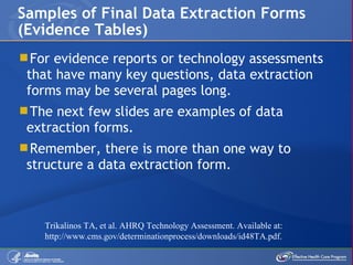 For evidence reports or technology assessments that have many key questions, data extraction forms may be several pages long. The next few slides are examples of data extraction forms. Remember, there is more than one way to structure a data extraction form. Samples of Final Data Extraction Forms (Evidence Tables) Trikalinos TA, et al. AHRQ Technology Assessment. Available at:  http://www.cms.gov/determinationprocess/downloads/id48TA.pdf . 