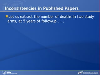 Let us extract the number of deaths in two study arms, at 5 years of followup . . . Inconsistencies in Published Papers 
