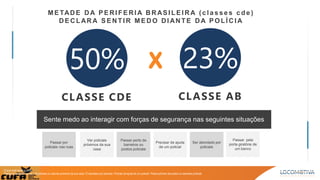 Passar por
policiais nas ruas
Ver policiais
próximos da sua
casa
Passar perto de
barreiros ou
postos policiais
Precisar de ajuda
de um policial
Ser abordado por
policiais
Passar pela
porta giratória de
um banco
O que você sente quando:
Passa por policiais na rua / Vê policiais ou viaturas próximos da sua casa / É abordado por policiais / Precisa da ajuda de um policial / Passa próximo de postos ou barreiras policiais
Sente medo ao interagir com forças de segurança nas seguintes situações
ME TADE DA P E RI FE RI A BRAS I LE I R A (c l a s s e s c de )
DE CLAR A S E NTIR ME DO DIANTE DA P OLÍCIA
CLASSE CDE CLASSE AB
X
 