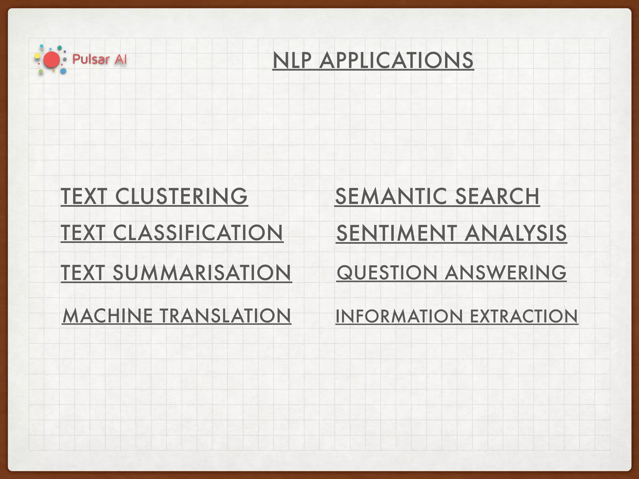 NLP APPLICATIONS
TEXT CLASSIFICATION
TEXT CLUSTERING
TEXT SUMMARISATION
MACHINE TRANSLATION
SEMANTIC SEARCH
SENTIMENT ANALYSIS
QUESTION ANSWERING
INFORMATION EXTRACTION
 