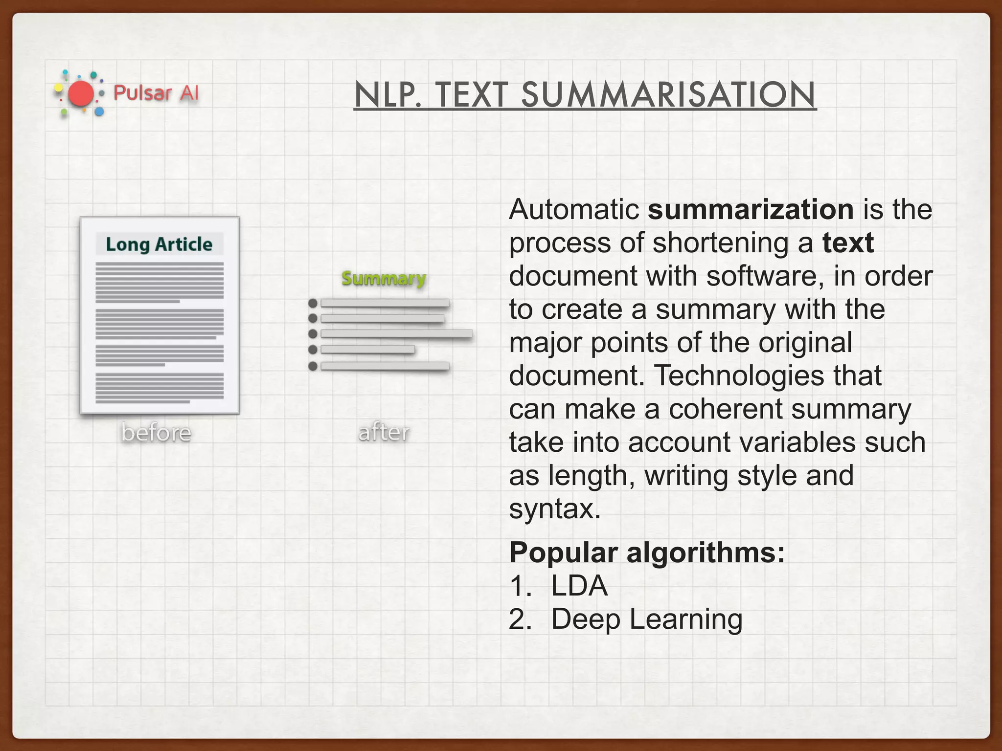 NLP. TEXT SUMMARISATION
Automatic summarization is the
process of shortening a text
document with software, in order
to create a summary with the
major points of the original
document. Technologies that
can make a coherent summary
take into account variables such
as length, writing style and
syntax.
Popular algorithms:
1. LDA
2. Deep Learning
 
