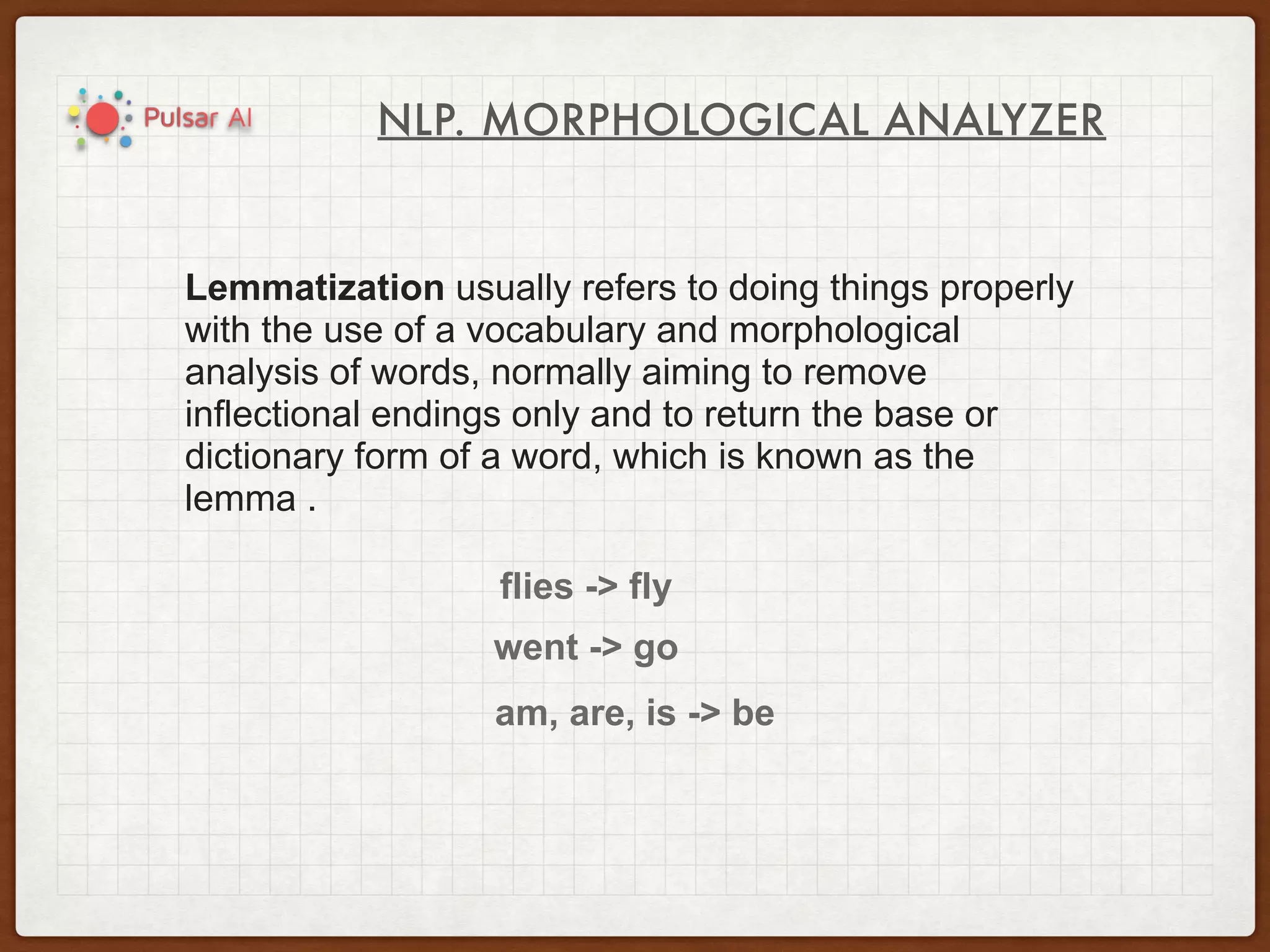 NLP. MORPHOLOGICAL ANALYZER
Lemmatization usually refers to doing things properly
with the use of a vocabulary and morphological
analysis of words, normally aiming to remove
inflectional endings only and to return the base or
dictionary form of a word, which is known as the
lemma .
flies -> fly
went -> go
am, are, is -> be
 